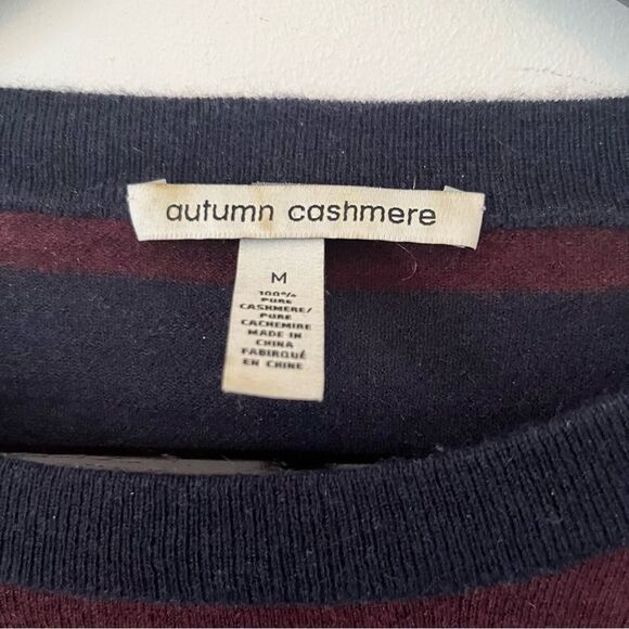 Autumn Cashmere Burgundy Navy Stripe Asymmetrical Hemline 100%‎ Cashmere Sweater - Picture 6 of 7